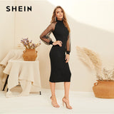 SHEIN Party Noir Crayon Bodycon Robe Avec Jacquard Contraste Maille Lanterne Printemps Femmes Manches longues Robes solides