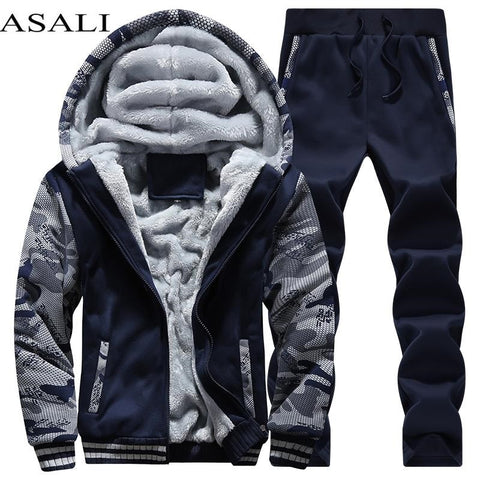 Survêtement Hommes Sportif En Molleton Épais À Capuche Marque-Vêtements Survêtement Survêtement Hommes Veste + Pantalon Fourrure Chaude À L'intérieur D'hiver Sweat