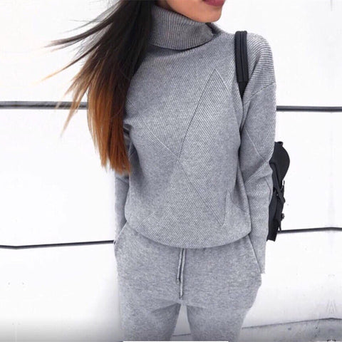Survêtement Tricoté Automne Hiver Pull À Col Roulé,  Vêtements Femmes 2 Pièces Pantalon En Tricot Sporting