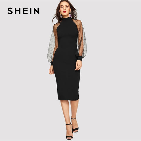 SHEIN Party Noir Crayon Bodycon Robe Avec Jacquard Contraste Maille Lanterne Printemps Femmes Manches longues Robes solides