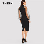 SHEIN Party Noir Crayon Bodycon Robe Avec Jacquard Contraste Maille Lanterne Printemps Femmes Manches longues Robes solides
