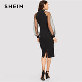 SHEIN Party Noir Crayon Bodycon Robe Avec Jacquard Contraste Maille Lanterne Printemps Femmes Manches longues Robes solides