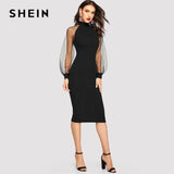 SHEIN Party Noir Crayon Bodycon Robe Avec Jacquard Contraste Maille Lanterne Printemps Femmes Manches longues Robes solides