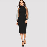 SHEIN Party Noir Crayon Bodycon Robe Avec Jacquard Contraste Maille Lanterne Printemps Femmes Manches longues Robes solides