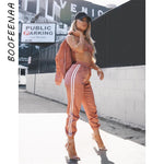 BOOFEENAA Printemps 2019 Casaul Survêtement Femmes 2 Pièce Set Top Et Pantalon En Satin À Rayures Patchwork Fermeture Éclair Sexy Sweat Survêtement Costume